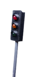 Traffic light with red, yellow, and green lights on a white background