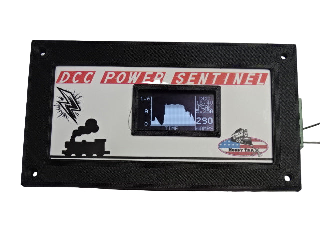 DCC Power Sentinel device with digital display on a gray background